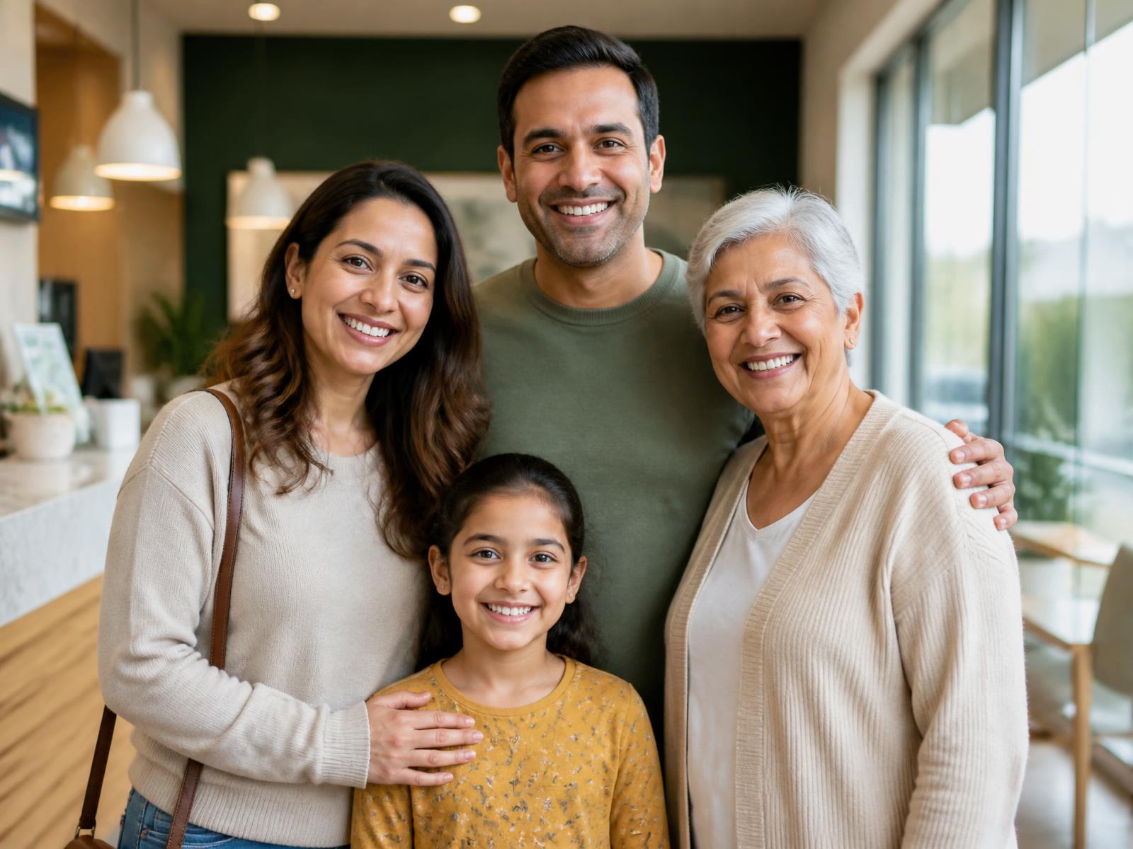 A Lansing family of four smiling together in the Cedar Family Dental reception area